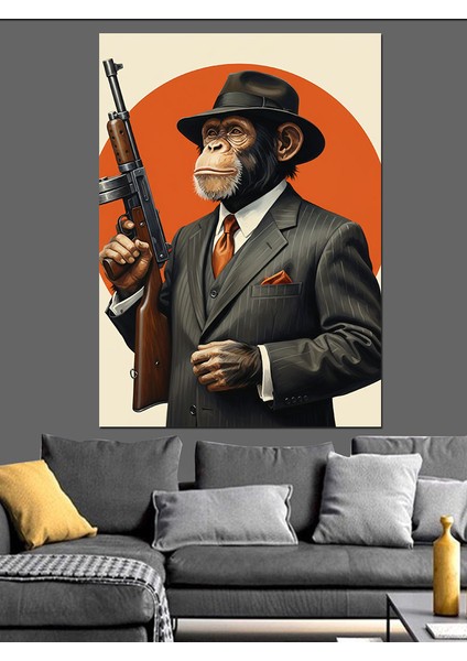 Silahlı Şapkalı Maymun Dekoratif Kanvas - Mdf Ahşap Tablo fiyatları