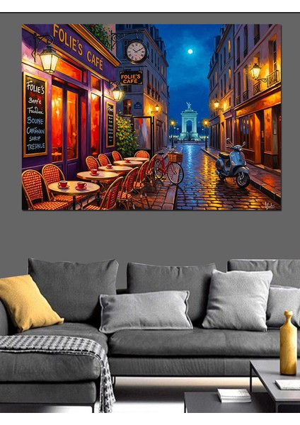 Avrupa Sokağında Akşam Işıklar Yağmur Dekoratif Kanvas - Mdf Ahşap Tablo fiyatları
