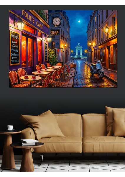 Avrupa Sokağında Akşam Işıklar Yağmur Dekoratif Kanvas - Mdf Ahşap Tablo modelleri