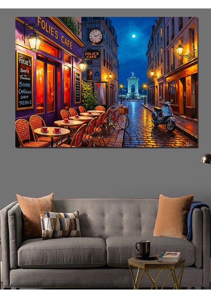 Avrupa Sokağında Akşam Işıklar Yağmur Dekoratif Kanvas - Mdf Ahşap Tablo indirimleri