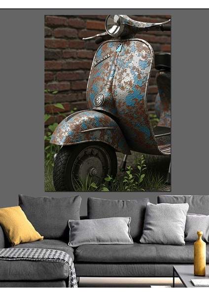 Retro Scooter Vespalı Motor Dekoratif Kanvas - Mdf Ahşap Tablo