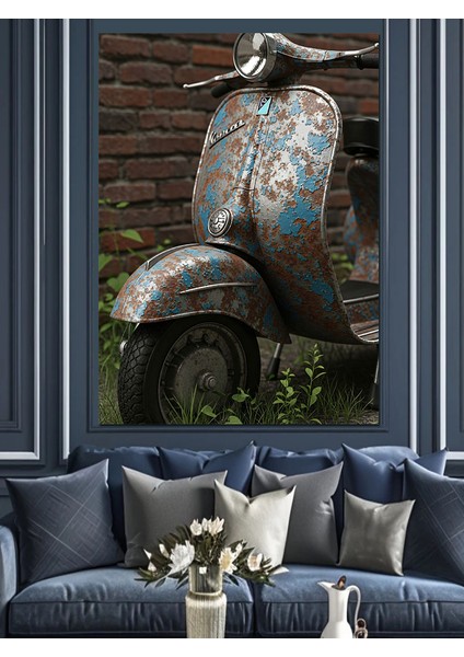 Retro Scooter Vespalı Motor Dekoratif Kanvas - Mdf Ahşap Tablo indirimleri