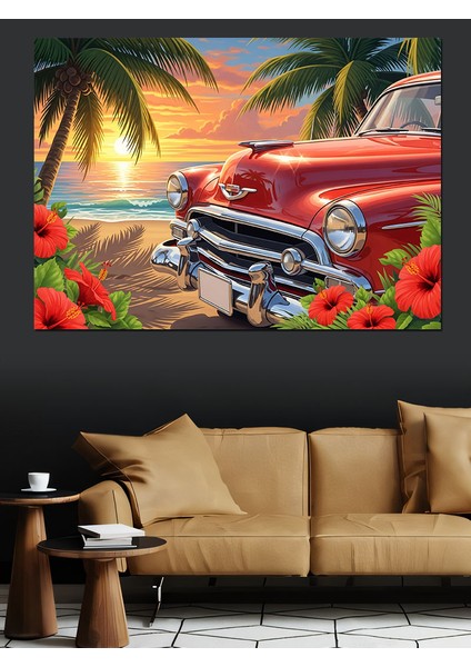Klasik Kırmızı Araba ve Sahil Manzarası Dekoratif Kanvas - Mdf Ahşap Tablo fiyatları