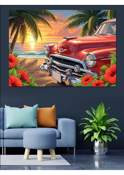 Klasik Kırmızı Araba ve Sahil Manzarası Dekoratif Kanvas - Mdf Ahşap Tablo modelleri