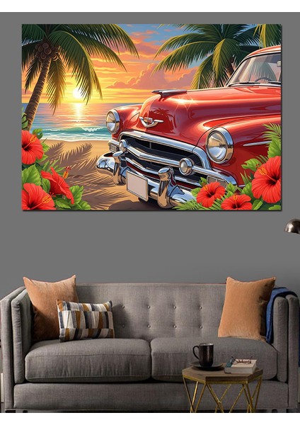 Klasik Kırmızı Araba ve Sahil Manzarası Dekoratif Kanvas - Mdf Ahşap Tablo fırsatları