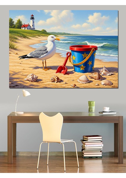 Deniz Kıyısı Martı ve Oyun Kovası Dekoratif Kanvas - Mdf Ahşap Tablo
