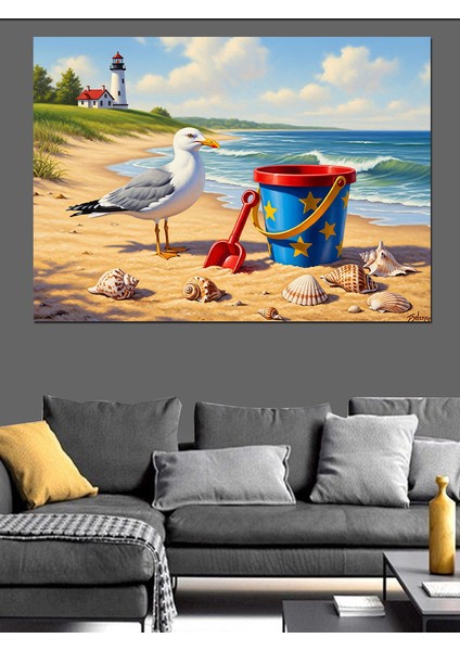 Deniz Kıyısı Martı ve Oyun Kovası Dekoratif Kanvas - Mdf Ahşap Tablo fiyatları
