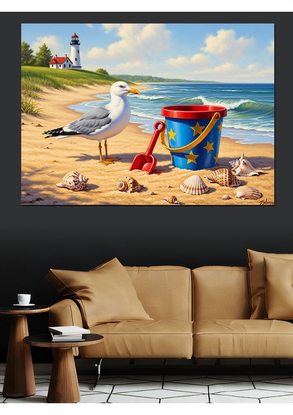 Deniz Kıyısı Martı ve Oyun Kovası Dekoratif Kanvas - Mdf Ahşap Tablo modelleri