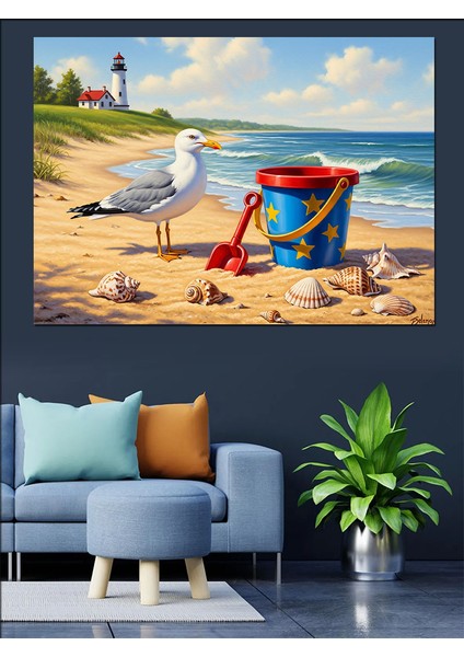 Deniz Kıyısı Martı ve Oyun Kovası Dekoratif Kanvas - Mdf Ahşap Tablo fırsatları