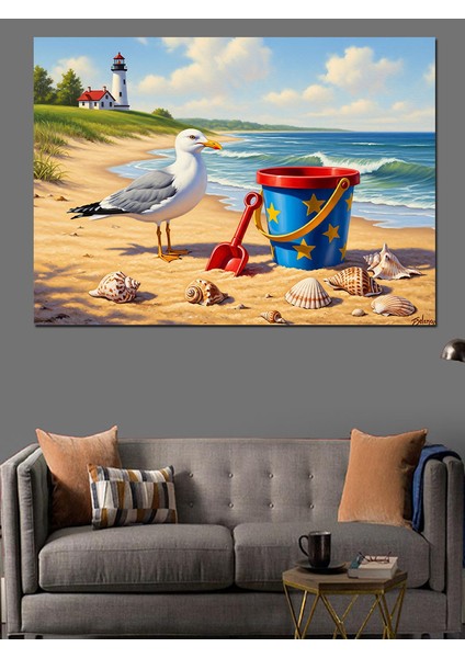 Deniz Kıyısı Martı ve Oyun Kovası Dekoratif Kanvas - Mdf Ahşap Tablo indirimleri