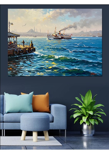 Güneşli Denizde Iskeleye Yanaşan Vapur Manzarası Dekoratif Kanvas - Mdf Ahşap Tablo