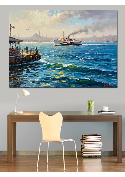 Güneşli Denizde Iskeleye Yanaşan Vapur Manzarası Dekoratif Kanvas - Mdf Ahşap Tablo modelleri