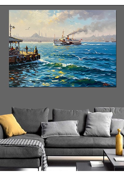 Güneşli Denizde Iskeleye Yanaşan Vapur Manzarası Dekoratif Kanvas - Mdf Ahşap Tablo fırsatları