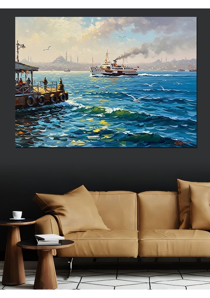 Güneşli Denizde Iskeleye Yanaşan Vapur Manzarası Dekoratif Kanvas - Mdf Ahşap Tablo indirimleri