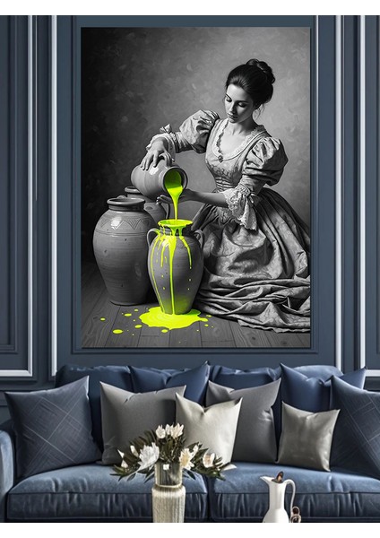 Siyah Beyaz Kadın ve Vazolar Dekoratif Kanvas - Mdf Ahşap Tablo