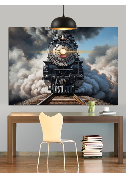 Kara Tren Buharlı Makine Dekoratif Kanvas - Mdf Ahşap Tablo