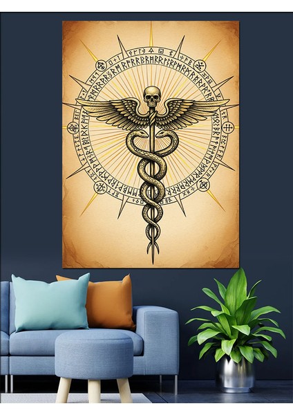 Yılanlı Asa Tıp Sembolü Dekoratif Kanvas - Mdf Ahşap Tablo