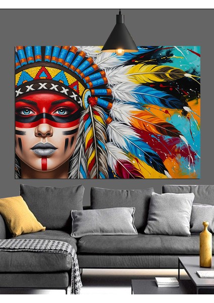 Kızılderili Şapkalı Kadın Portresi Dekoratif Kanvas - Mdf Ahşap Tablo