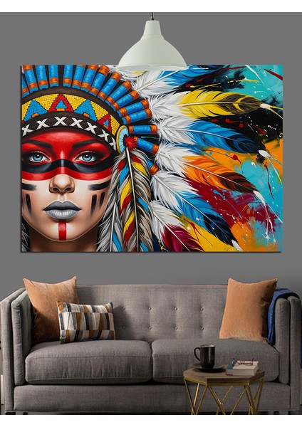 Kızılderili Şapkalı Kadın Portresi Dekoratif Kanvas - Mdf Ahşap Tablo fiyatları