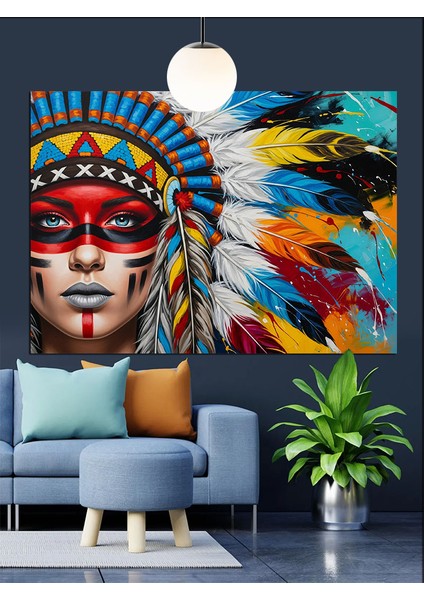 Kızılderili Şapkalı Kadın Portresi Dekoratif Kanvas - Mdf Ahşap Tablo fırsatları