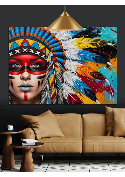 Kızılderili Şapkalı Kadın Portresi Dekoratif Kanvas - Mdf Ahşap Tablo indirimleri