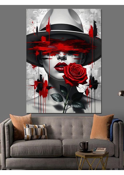 Maskeli Kırmızı Güllü Kadın Dekoratif Kanvas - Mdf Ahşap Tablo fiyatları