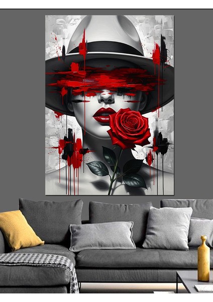 Maskeli Kırmızı Güllü Kadın Dekoratif Kanvas - Mdf Ahşap Tablo modelleri
