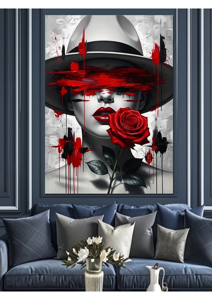 Maskeli Kırmızı Güllü Kadın Dekoratif Kanvas - Mdf Ahşap Tablo fırsatları