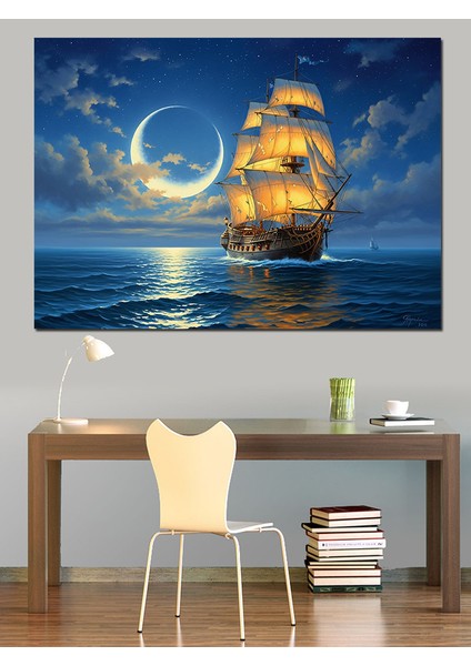Ay Işığında Yelkenli Gemi Dekoratif Kanvas - Mdf Ahşap Tablo