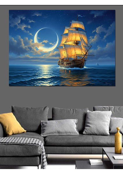 Ay Işığında Yelkenli Gemi Dekoratif Kanvas - Mdf Ahşap Tablo fiyatları