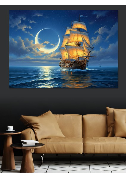 Ay Işığında Yelkenli Gemi Dekoratif Kanvas - Mdf Ahşap Tablo modelleri