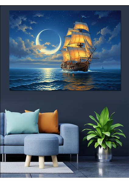 Ay Işığında Yelkenli Gemi Dekoratif Kanvas - Mdf Ahşap Tablo fırsatları