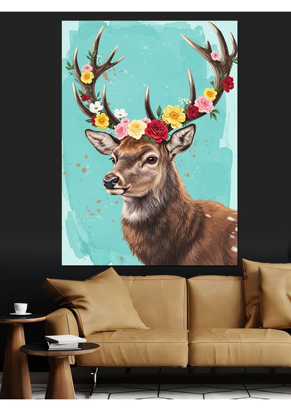 Geyik Kafası Boynuz Vahşi Dekoratif Kanvas - Mdf Ahşap Tablo