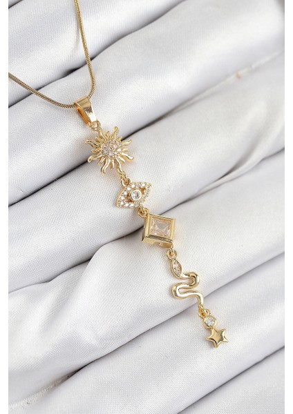 316L Çelik Zirkon Taşlı Güneş Ve Ay Enerji Model Gold Renk Kadın Kolye