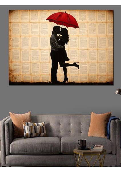 Kırmızı Şemsiye Altında Aşık Çift Silüeti Dekoratif Kanvas - Mdf Ahşap Tablo