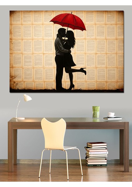 Kırmızı Şemsiye Altında Aşık Çift Silüeti Dekoratif Kanvas - Mdf Ahşap Tablo fiyatları