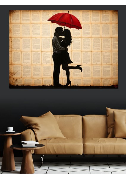 Kırmızı Şemsiye Altında Aşık Çift Silüeti Dekoratif Kanvas - Mdf Ahşap Tablo fırsatları