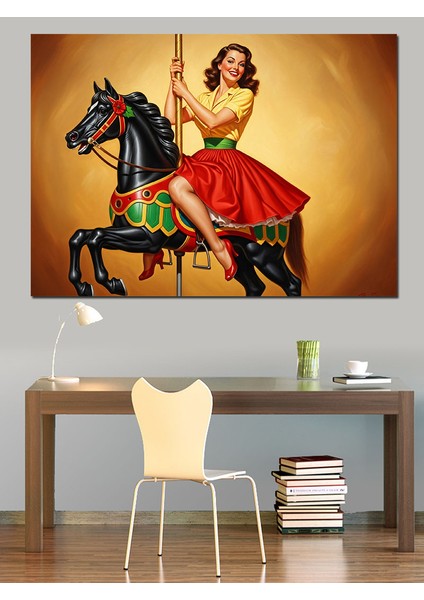 Atlı Karıncaya Binen Retro Kız Dekoratif Kanvas - Mdf Ahşap Tablo fiyatları