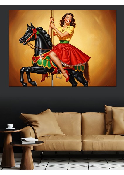Atlı Karıncaya Binen Retro Kız Dekoratif Kanvas - Mdf Ahşap Tablo fırsatları