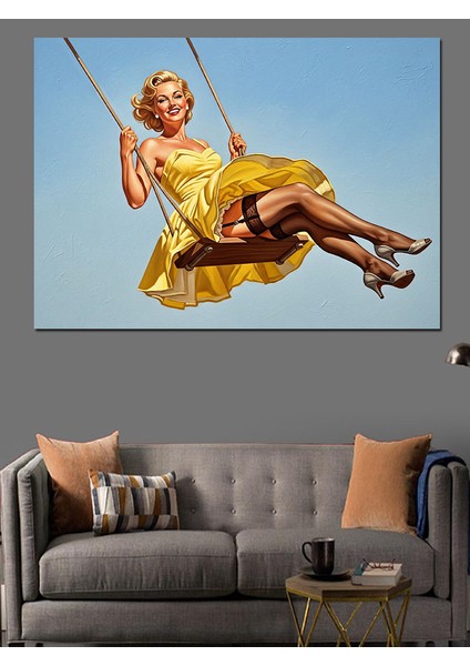 Salıncakta Sallanan Mutlu Retro Kadın Dekoratif Kanvas - Mdf Ahşap Tablo