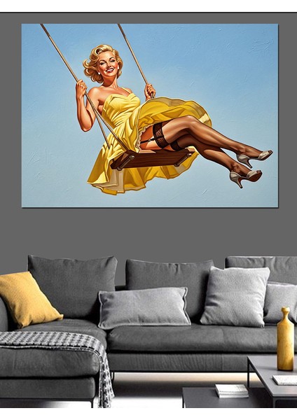 Salıncakta Sallanan Mutlu Retro Kadın Dekoratif Kanvas - Mdf Ahşap Tablo modelleri