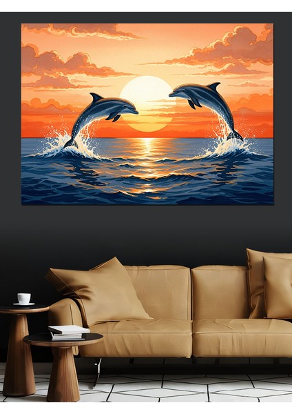 Gün Batımında Zıplayan Yunuslar Dekoratif Kanvas - Mdf Ahşap Tablo