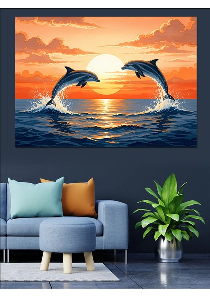 Gün Batımında Zıplayan Yunuslar Dekoratif Kanvas - Mdf Ahşap Tablo fiyatları