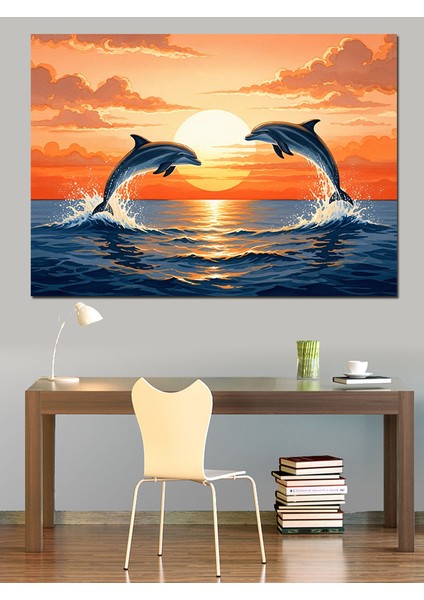 Gün Batımında Zıplayan Yunuslar Dekoratif Kanvas - Mdf Ahşap Tablo fırsatları