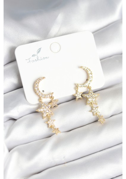 Ay ve Yıldız Model Gold Renk Pirinç Kadın Küpe