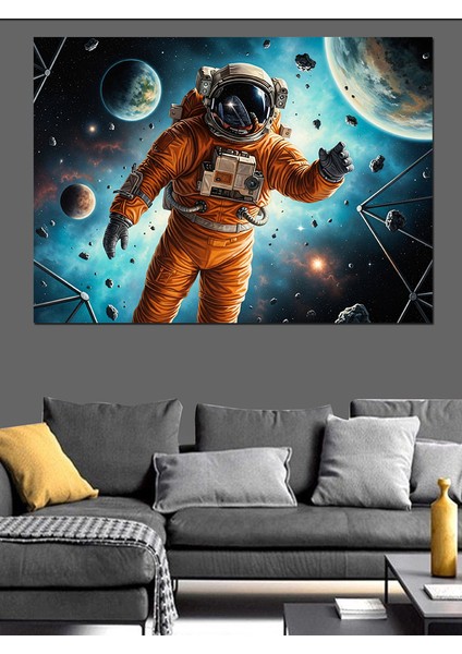 Evrende Yüzen Astronot Soyut Çalışma Dekoratif Kanvas - Mdf Ahşap Tablo fırsatları