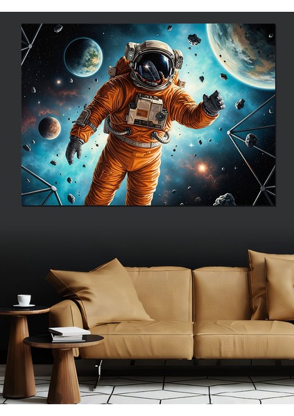 Evrende Yüzen Astronot Soyut Çalışma Dekoratif Kanvas - Mdf Ahşap Tablo indirimleri