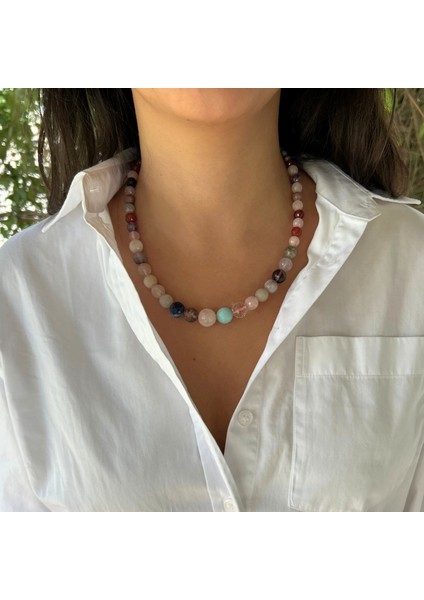 El Yapımı Pembe Kuvars Akik Yeşim Kuvars Ay Taşı Karışık Doğal Taş Özel Tasarım Kadın Doğaltaş Kolye