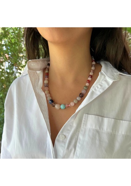 El Yapımı Pembe Kuvars Akik Yeşim Kuvars Ay Taşı Karışık Doğal Taş Özel Tasarım Kadın Doğaltaş Kolye fiyatları