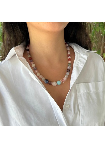 El Yapımı Pembe Kuvars Akik Yeşim Kuvars Ay Taşı Karışık Doğal Taş Özel Tasarım Kadın Doğaltaş Kolye modelleri